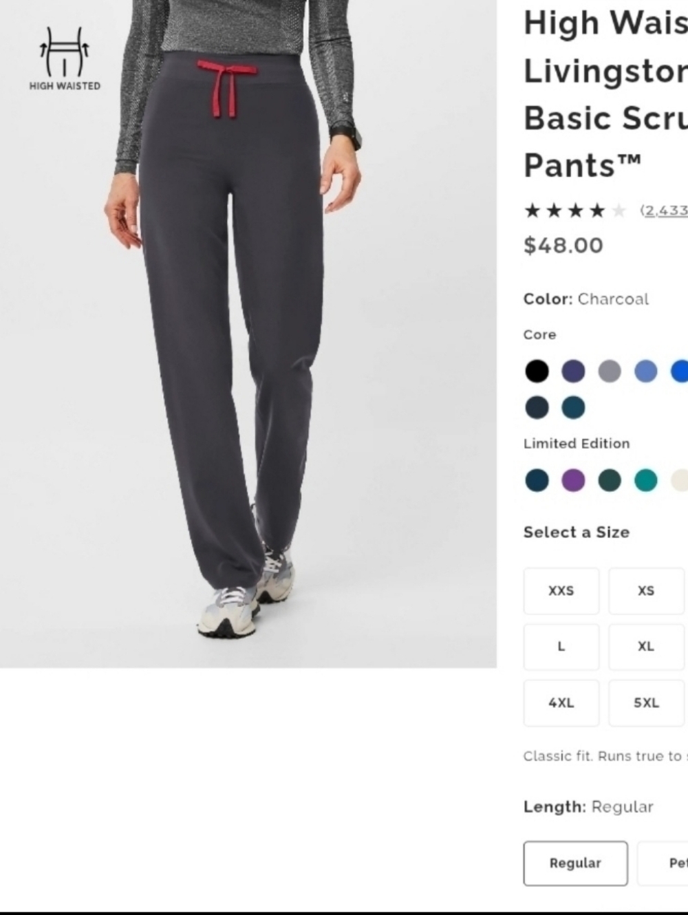 FIGS Charcoal High-Waisted Scrub Pants with Red Drawstring